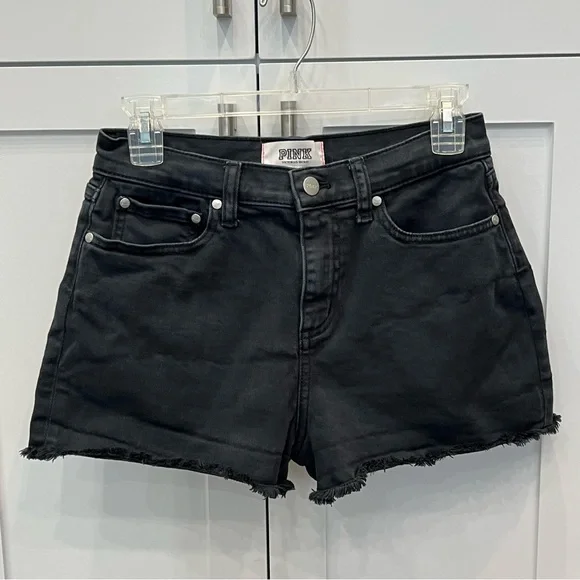 PINK VICTORIA’S SECRET Women's Black Denim Frayed Hem Shorts Sz 4 - Picture 1 of 9